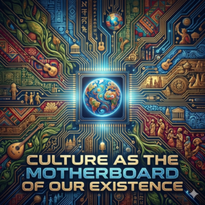 Culture as the motherboard of our existence. Globe at the center of a computer chip made up of cultural expressions like musical instruments.